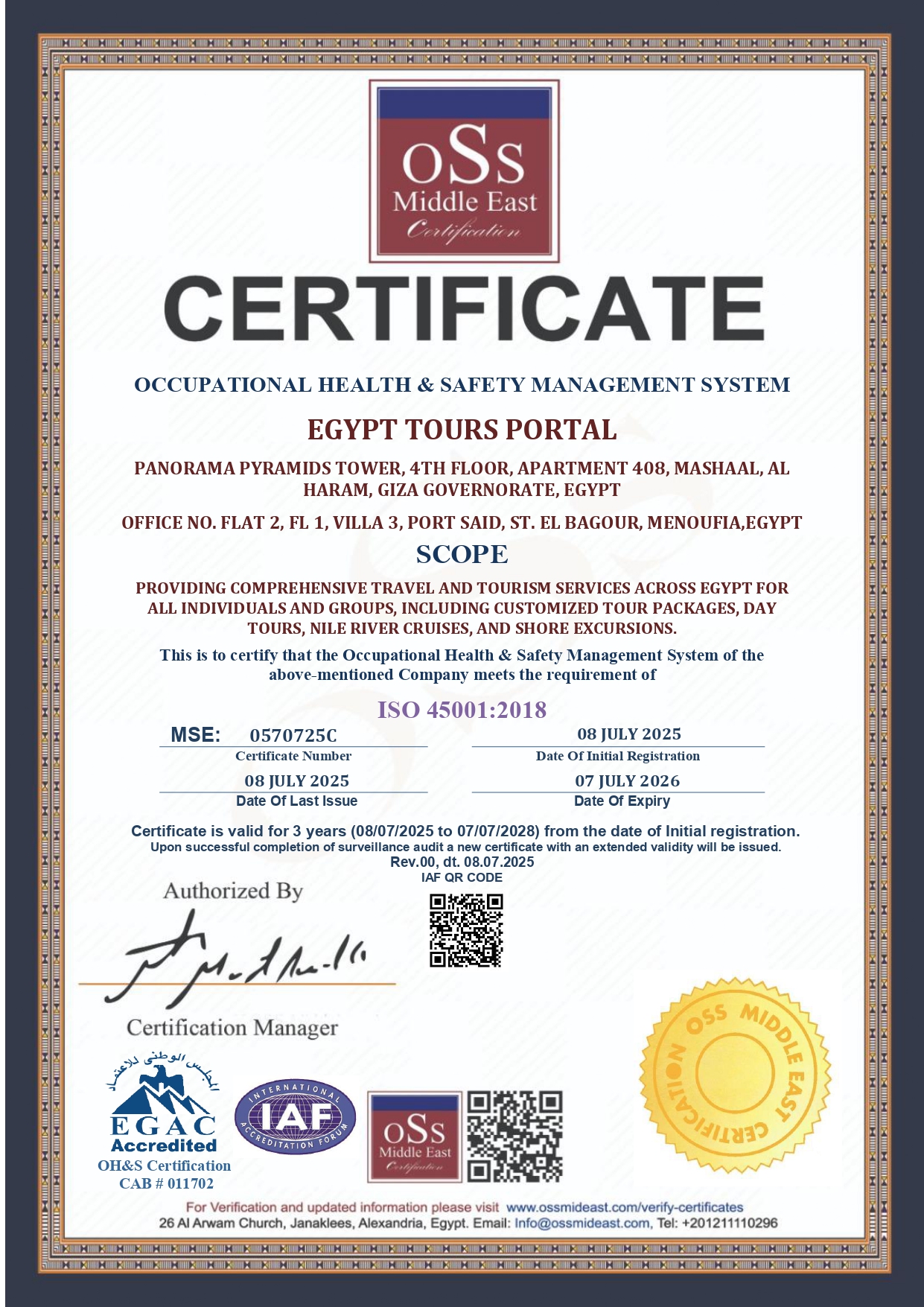 Certificado ISO 45001 de Egypt Tours Portal